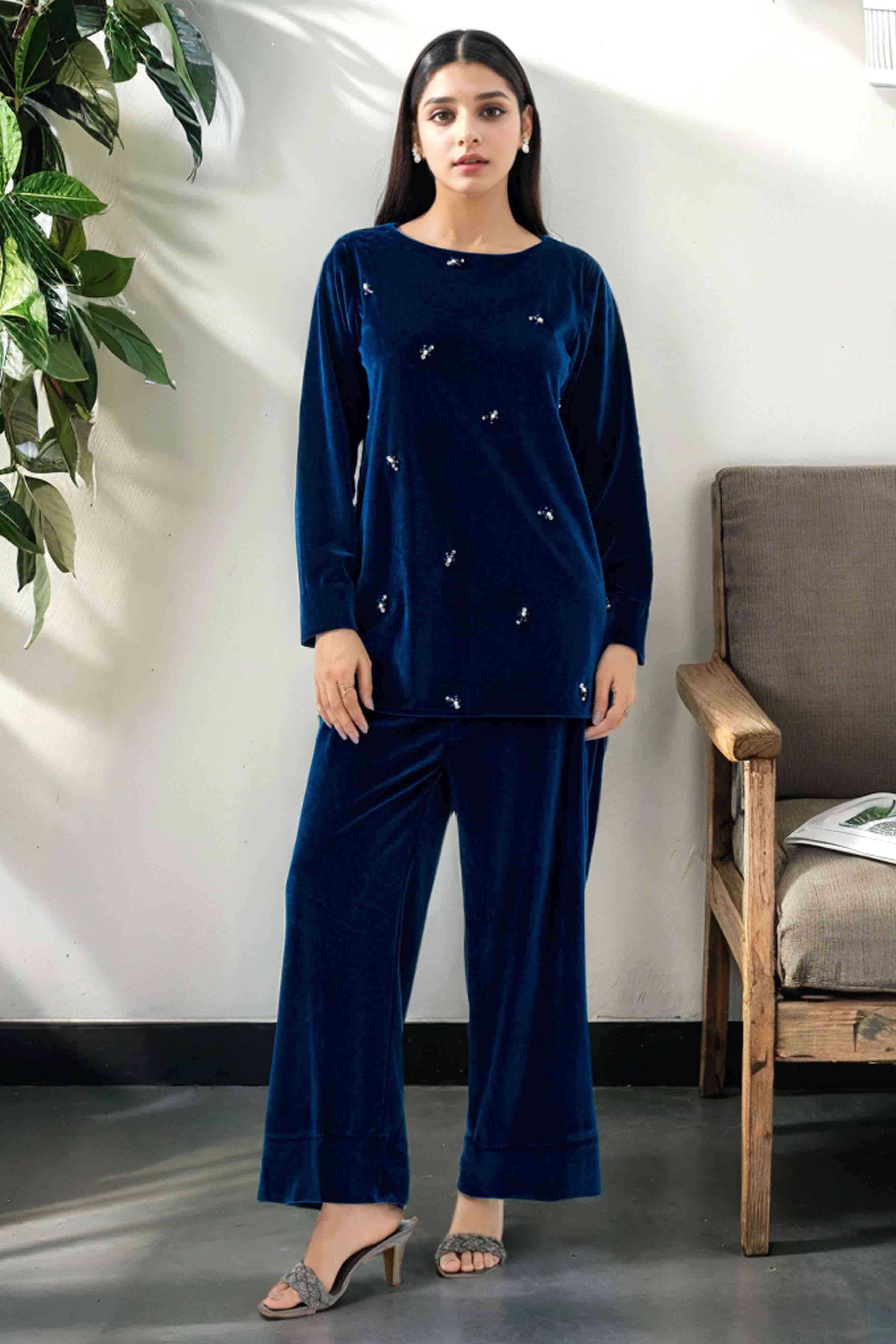 Navy Blue Velvet Co-Ord Set with Hand Embellishments